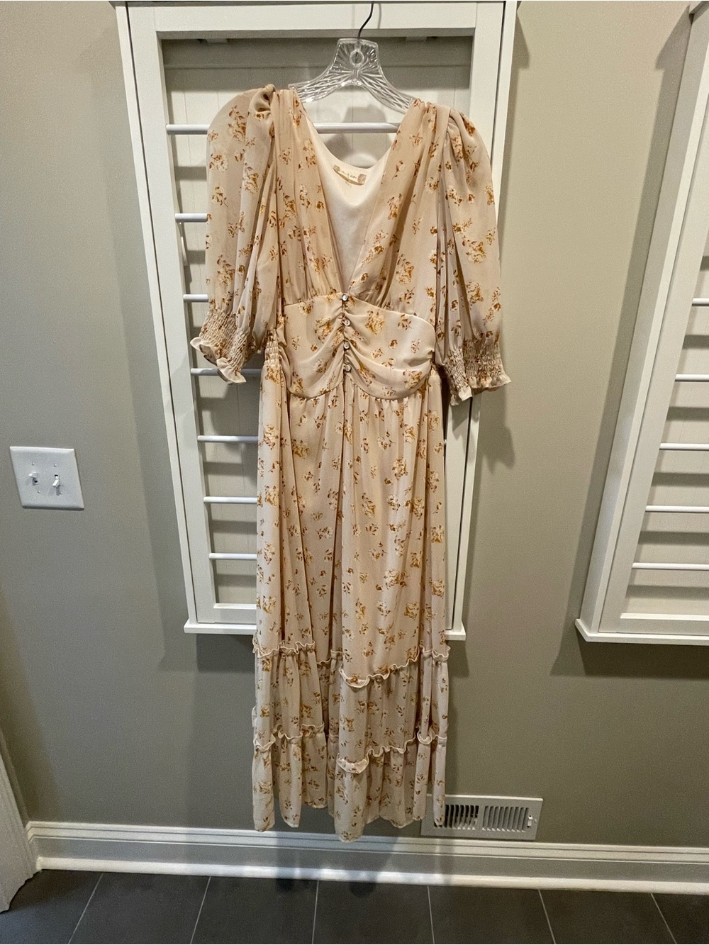 Altar'd State Cream Floral Maxi Dress with Ruched Bodice